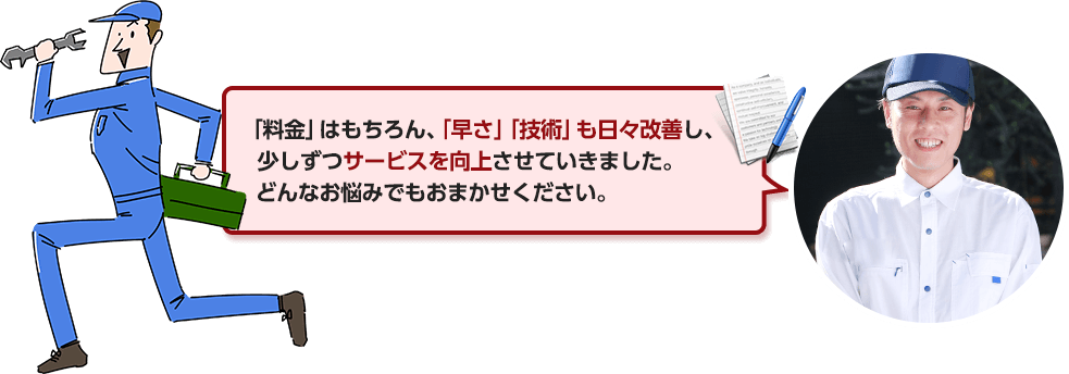 料金はもちろん早さ、技術も日々改善し、少しずつサービスを向上させていきました。どんなお悩みでもおまかせください